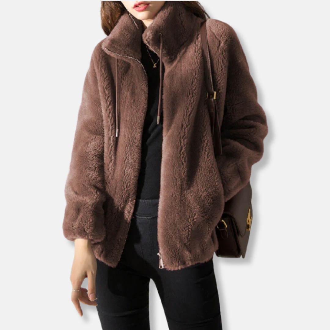 Women's cozy relaxed fit fleece jacket stand collar full zip elastic hem cuffs lightweight layering