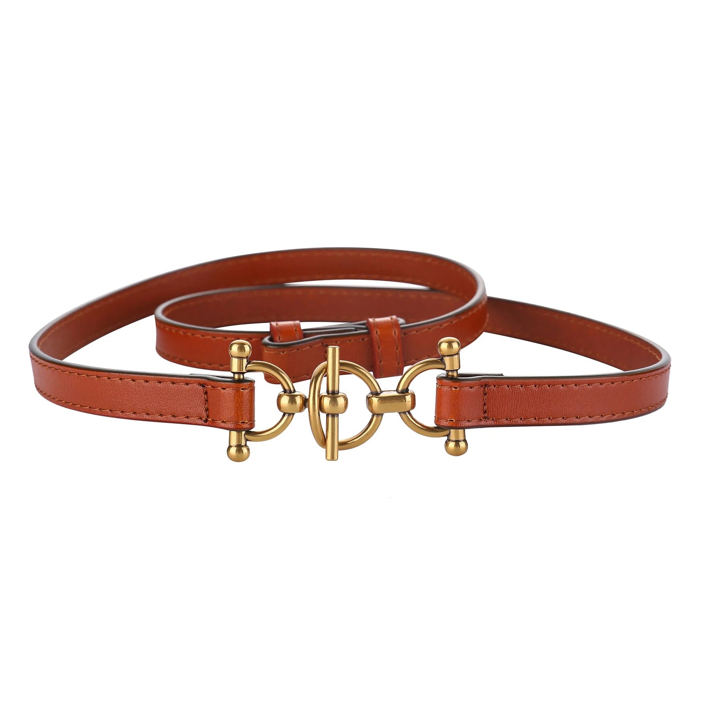 Women's slim genuine leather waist belt in tan with brushed gold toggle buckle accent