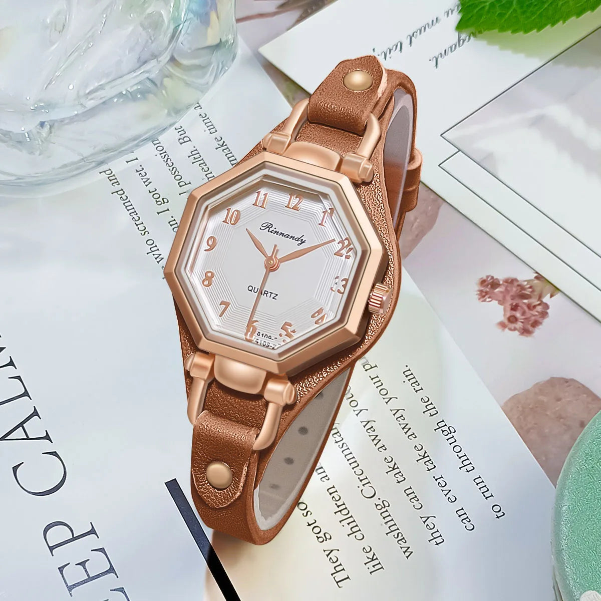Bellezza Montre rose gold hexagon case women's quartz watch with leather strap