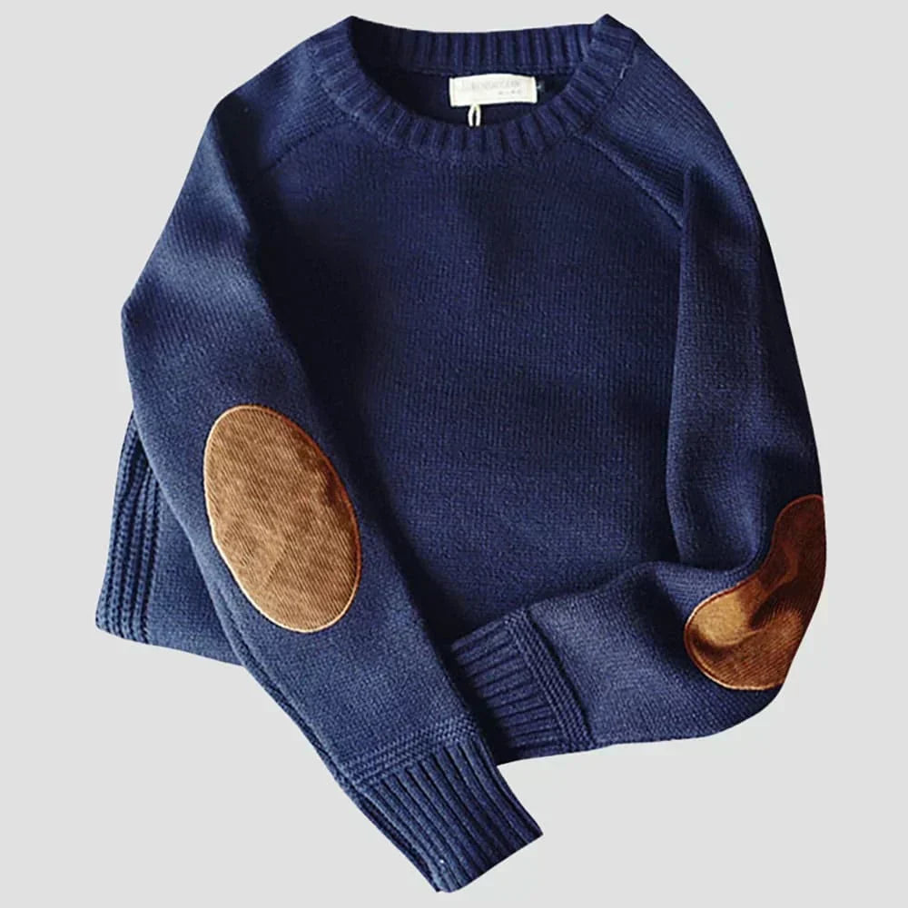 Men's beige relaxed fit patchwork sleeve sweater cozy knit modern everyday style