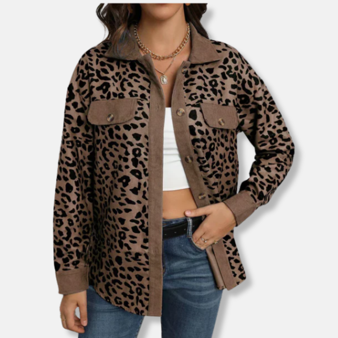 Women's relaxed fit corduroy shacket bold animal print ribbed texture button-up long sleeve