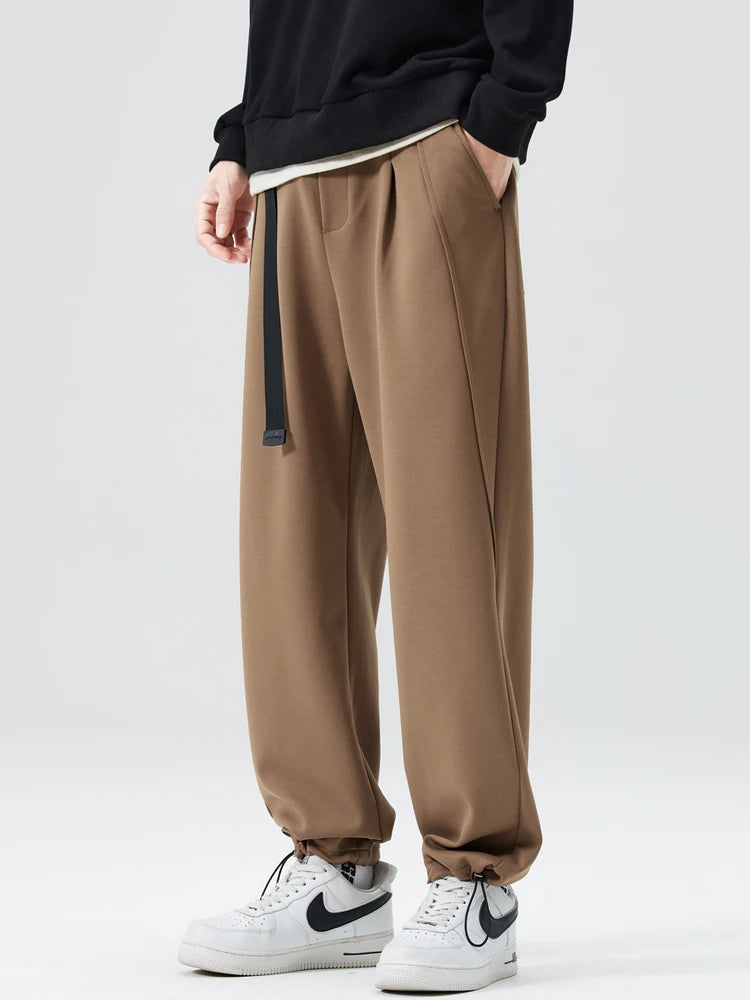 Men's wide-leg trousers relaxed tapered fit adjustable drawstring waist versatile lounge-to-tailored style