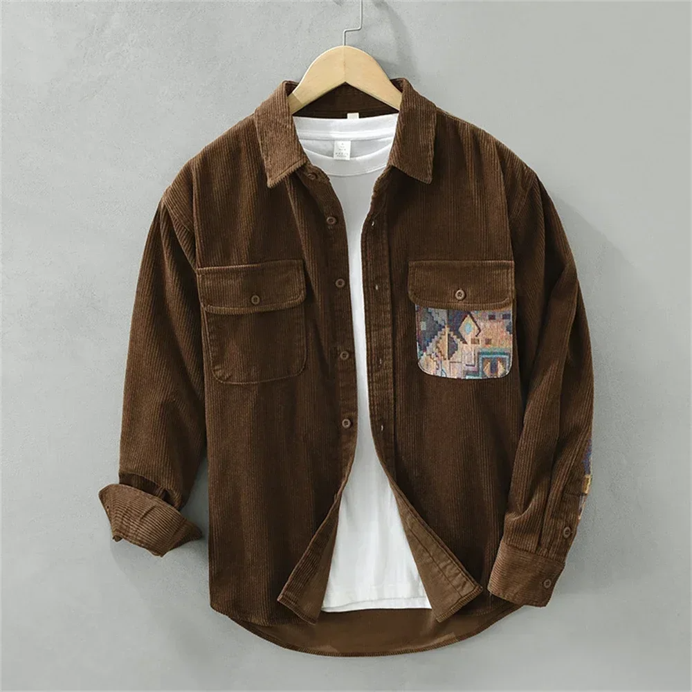 Men's relaxed fit corduroy shirt with multicolor mosaic panel patchwork detailing, all-season style