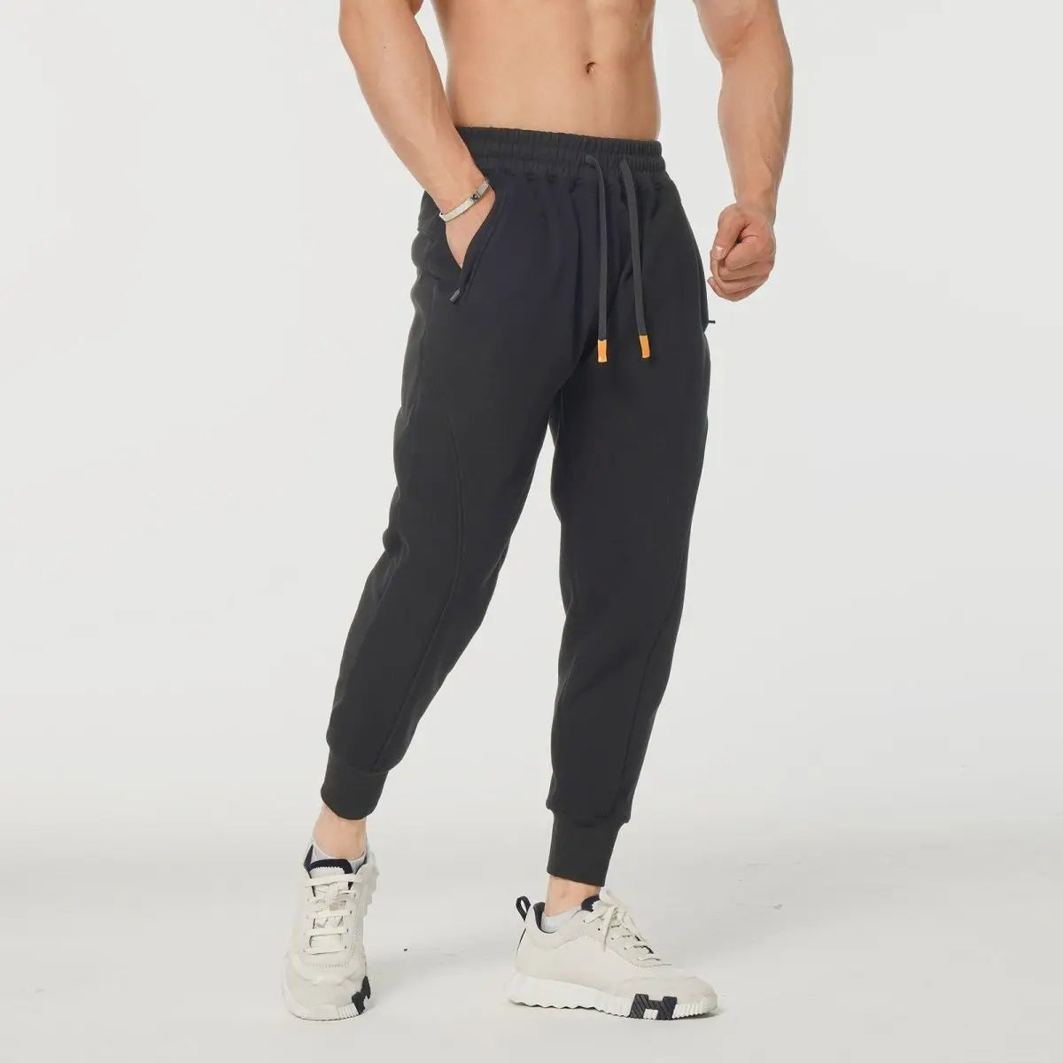Men's gray harem sweatpants sculpted fit premium fleece ergonomic seams athletic lounge
