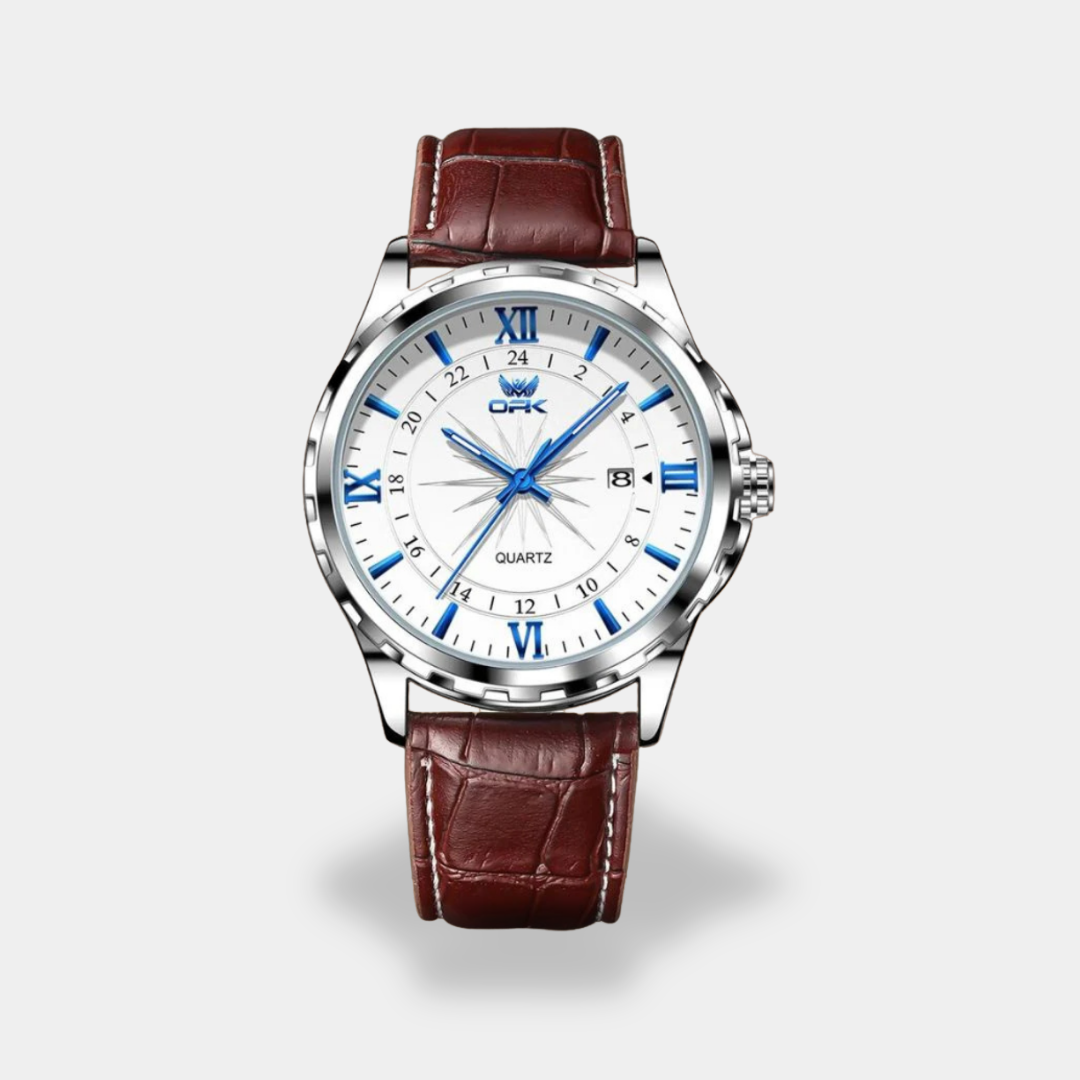 Men's quartz watch white dial brown leather strap blue detail markers elegant daily wear