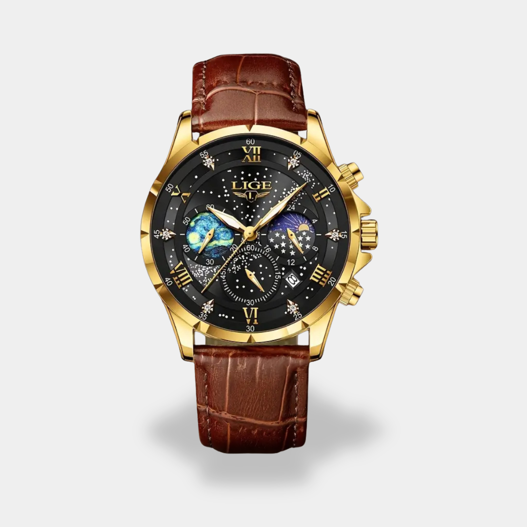 Men's chronograph watch brown leather strap steel case stopwatch elegant professional timepiece
