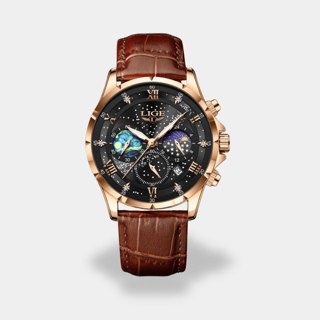 Men's chronograph watch brown leather strap steel case stopwatch elegant professional timepiece