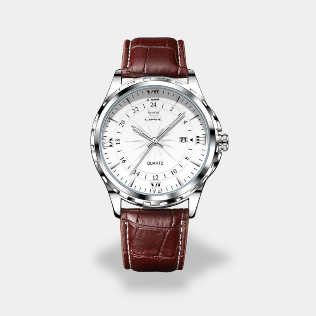 Men's quartz watch white dial brown leather strap blue detail markers elegant everyday design