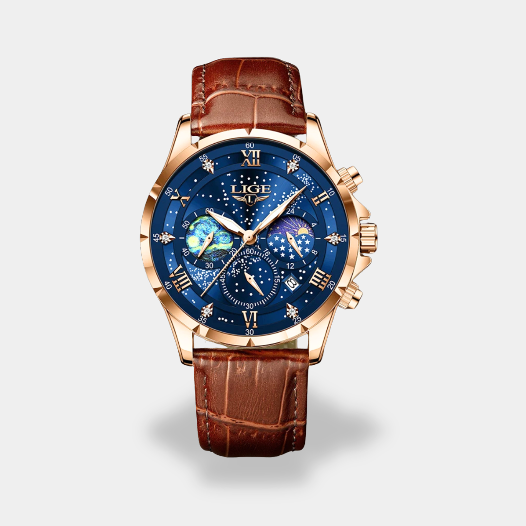 Men's chronograph watch brown leather strap steel case stopwatch elegant professional timepiece