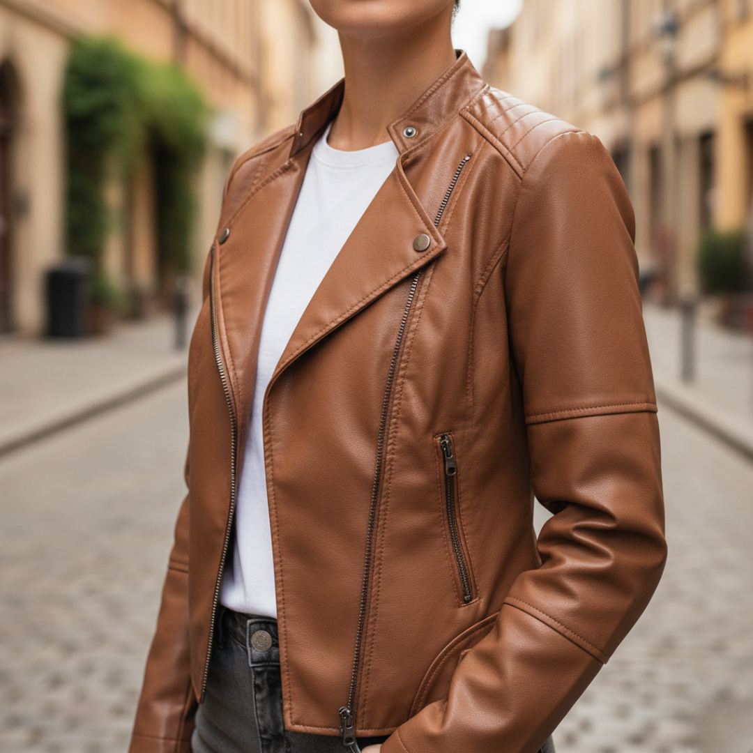 Women's slim fit faux leather jacket with front zip closure in bold versatile colors