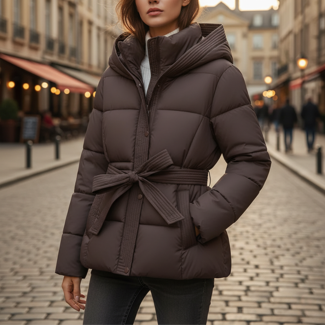 Women's windproof hooded down jacket with belted silhouette and adjustable hood for cold weather