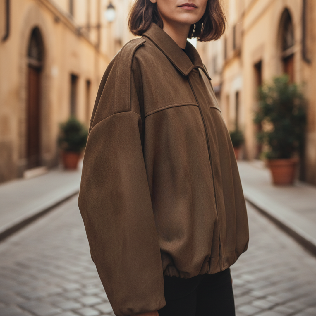 Oversized women's mixed fabric jacket neutral tone structured silhouette for effortless professional layering