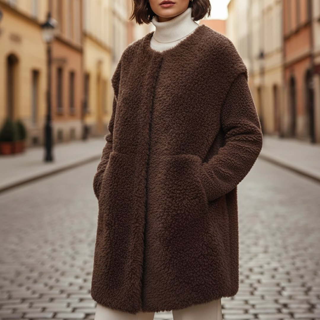 Women's loose fit synthetic fur coat in brown, green, gray or pink with side pockets for winter