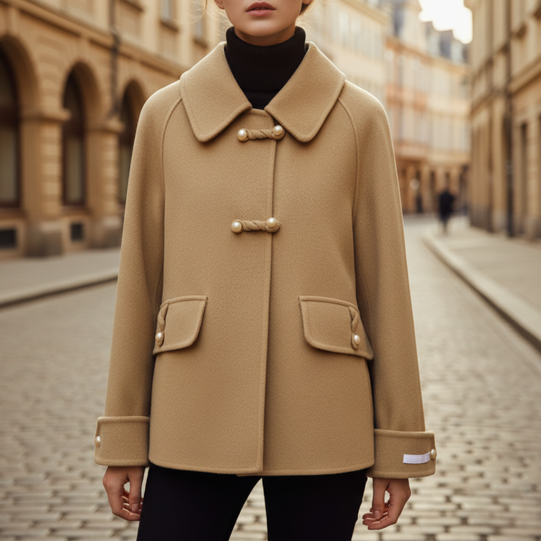 Women's button sleeve coat in beige classic fit durable winter outerwear for autumn seasons