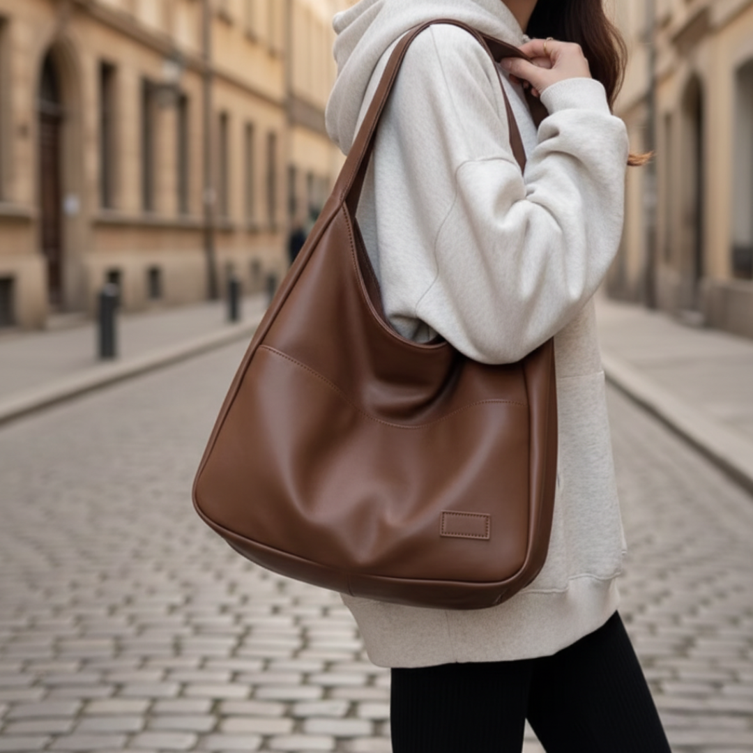 Black eco-leather large hobo shoulder bag for women, wide silhouette for daily versatile use