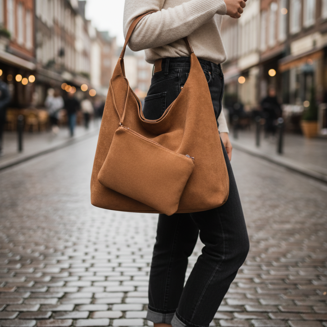 Soft fabric women's tote bag with wide handle and matching clutch set, elegant everyday style