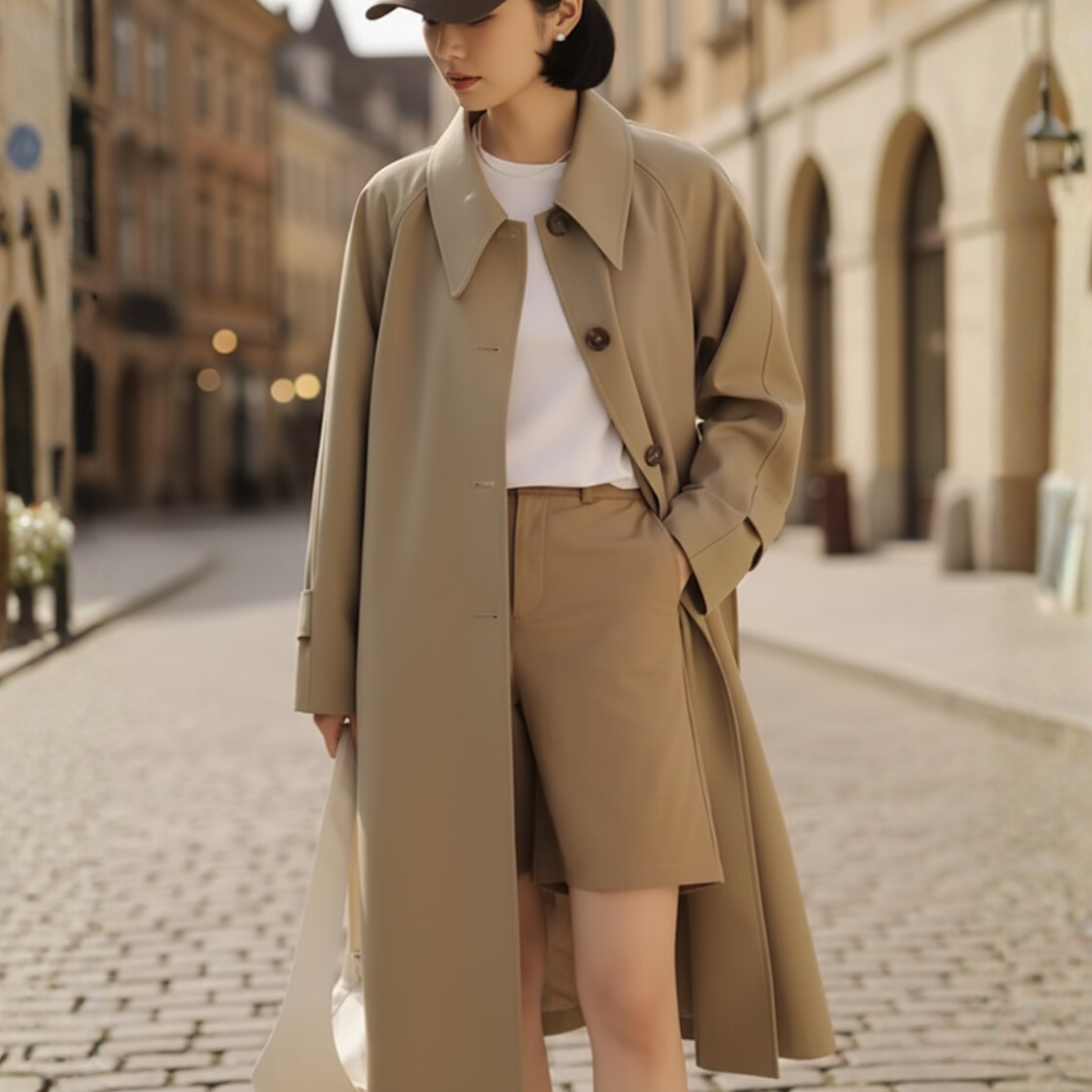 Women's oversized calf-length trench coat lightweight fabric smooth structured silhouette layering