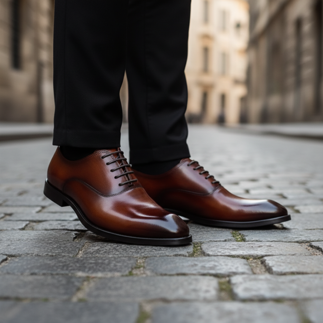 Men's black and brown faux leather lace-up dress shoes, sleek formal silhouette with comfort fit