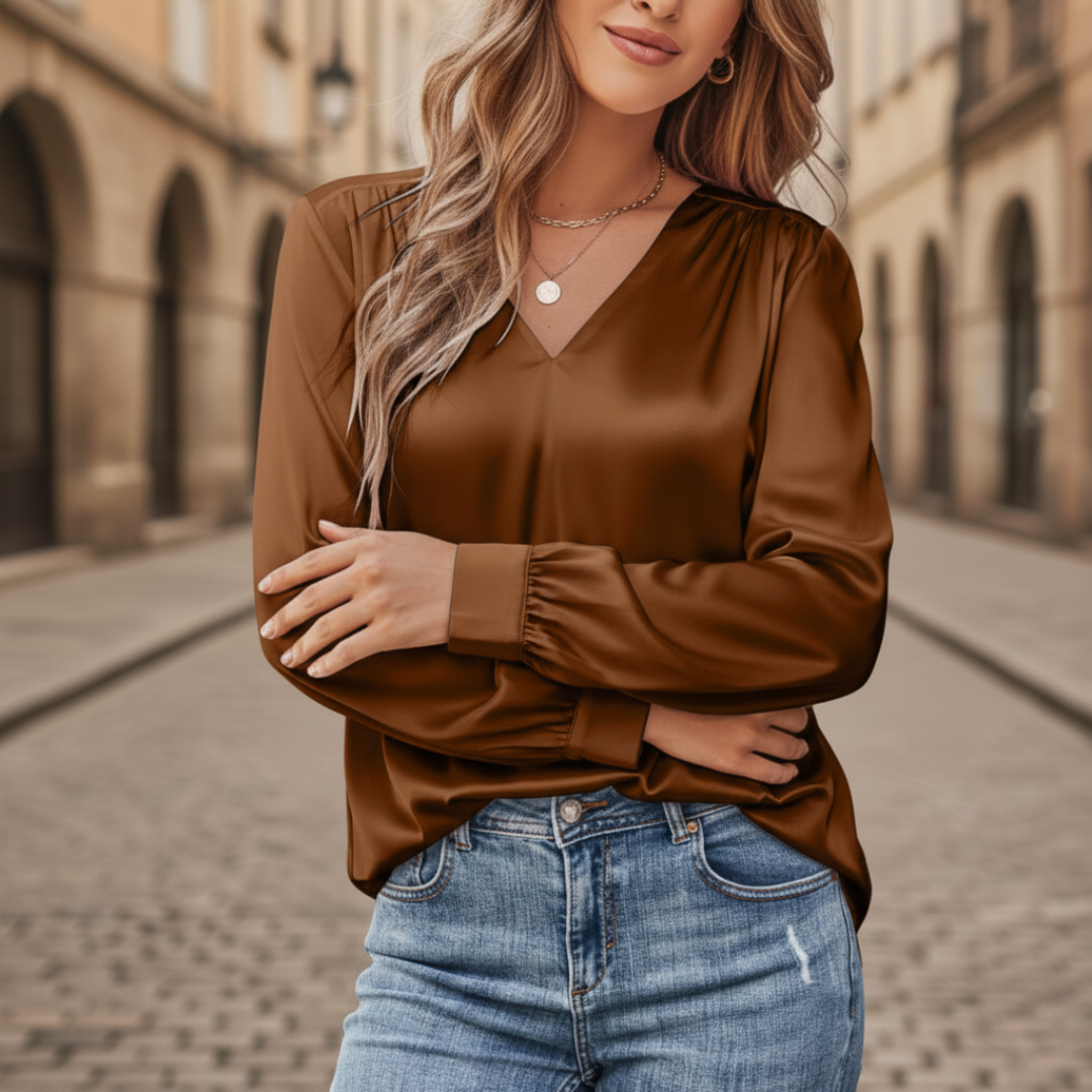 Women's satin long sleeve V-neck blouse, silky lightweight fabric with elegant front closure