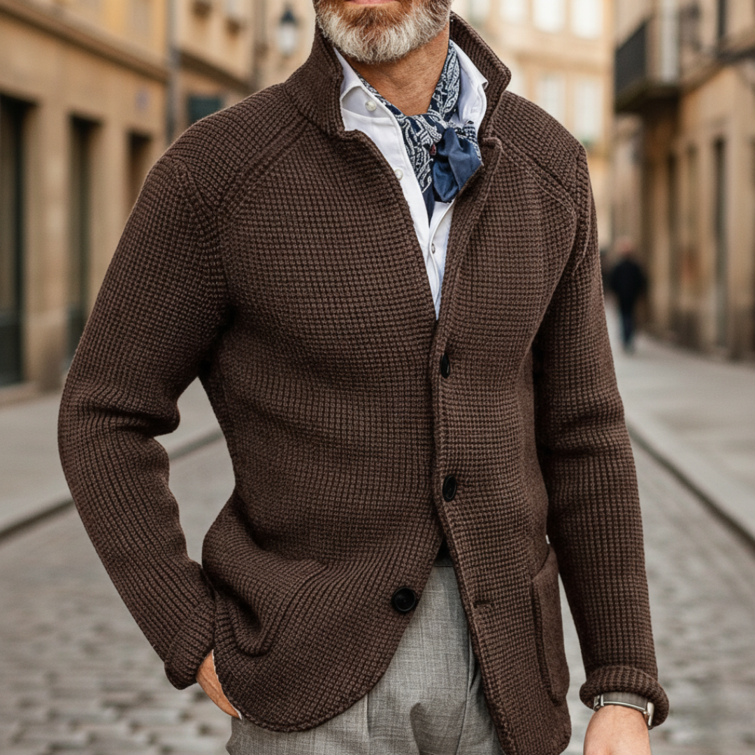 Men's winter button-front cardigan sweater, warm knitted fabric, slim office-casual fit