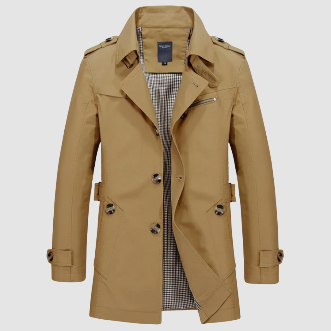 Men's regular fit mid-length trench coat with epaulets and adjustable cuffs for versatile everyday wear