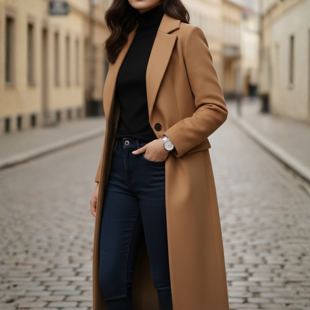 Women's elegant long coat in apricot beige black or brown warm refined fabric cold season versatile
