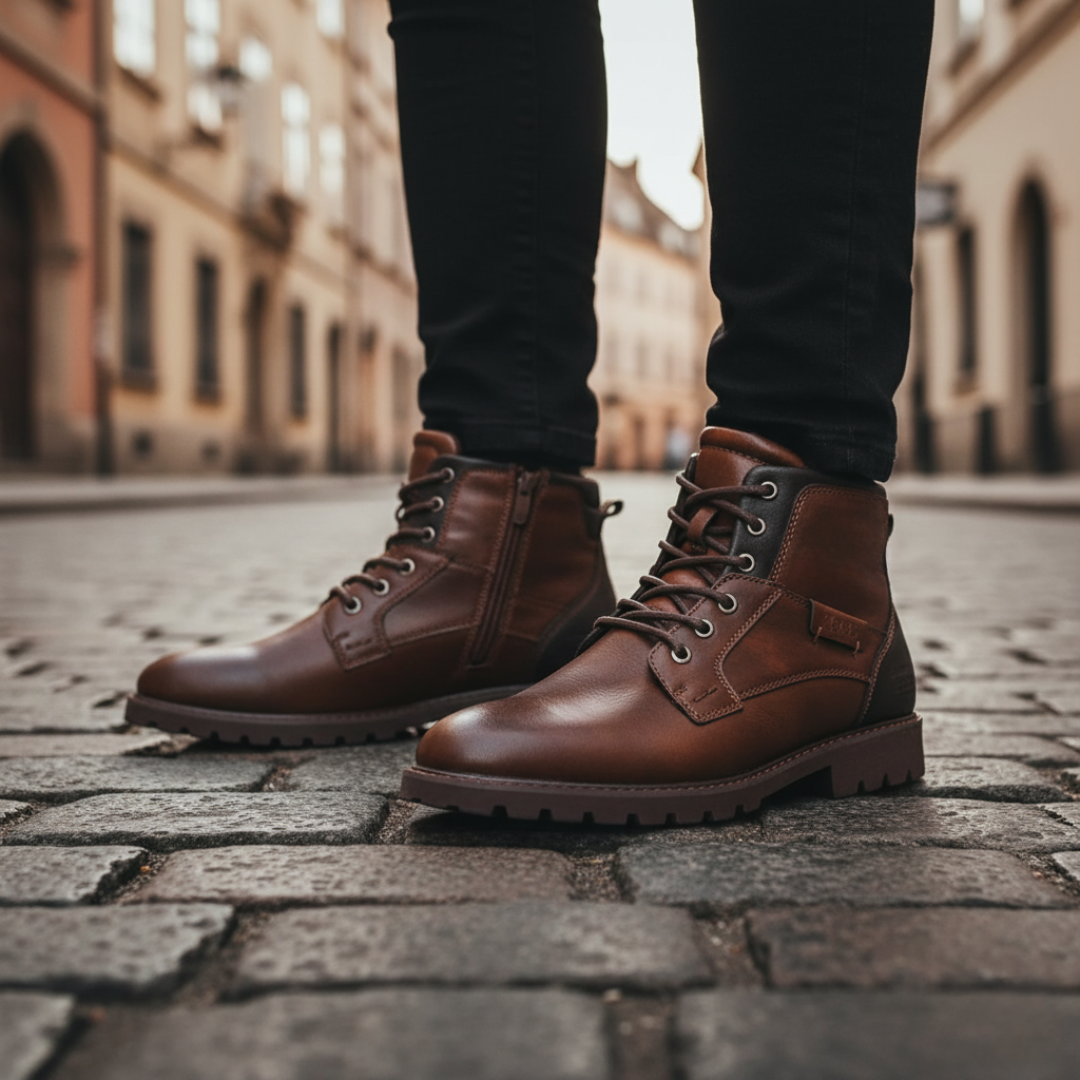Men's black brown faux leather ankle boots with dual zipper laces closure for everyday comfort