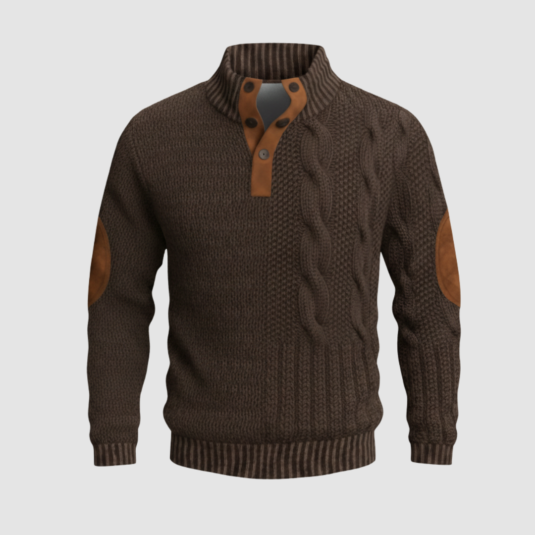 Men's cable knit high collar sweater with suede leather accents, regular fit versatile style