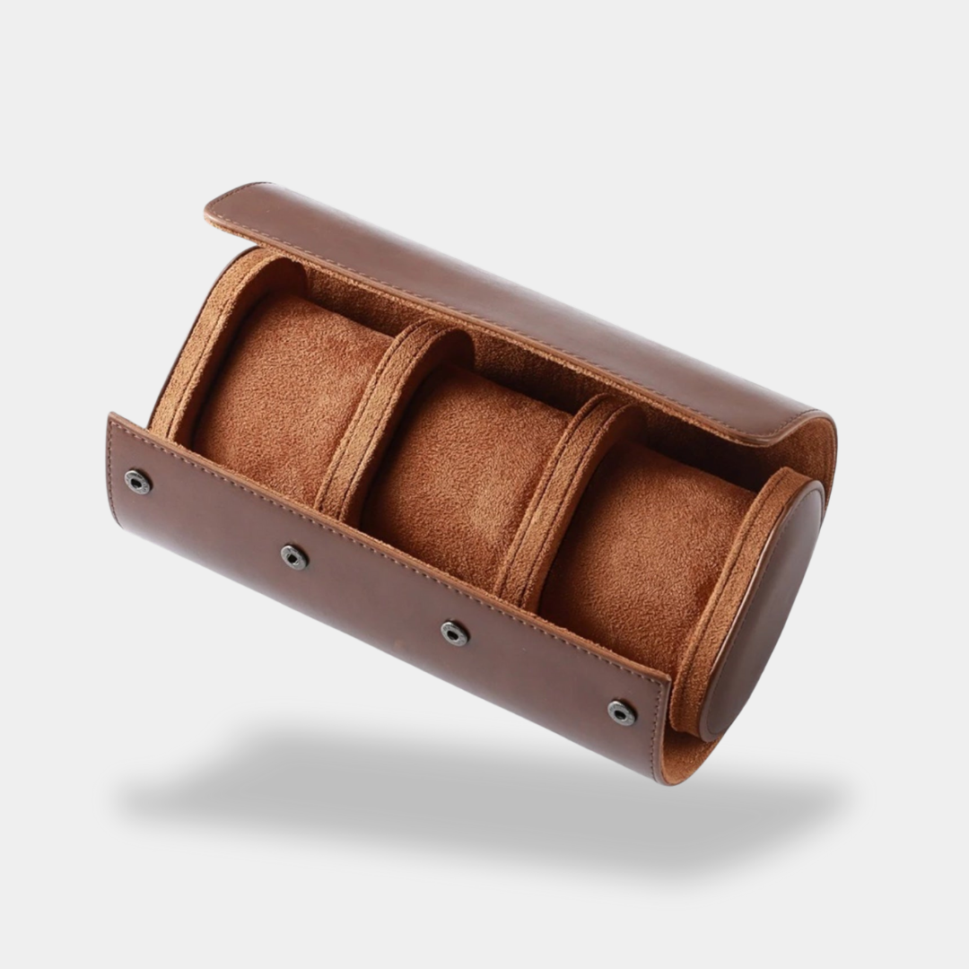 Men's brown leather watch case 3 compartments premium durable storage organizer box
