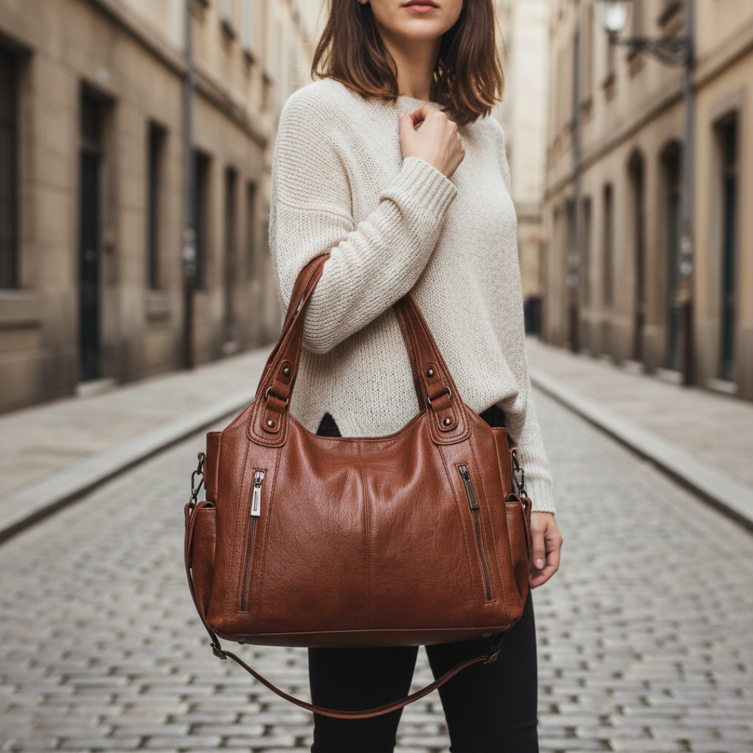 Large faux leather women's tote bag, spacious everyday carry with clean timeless silhouette