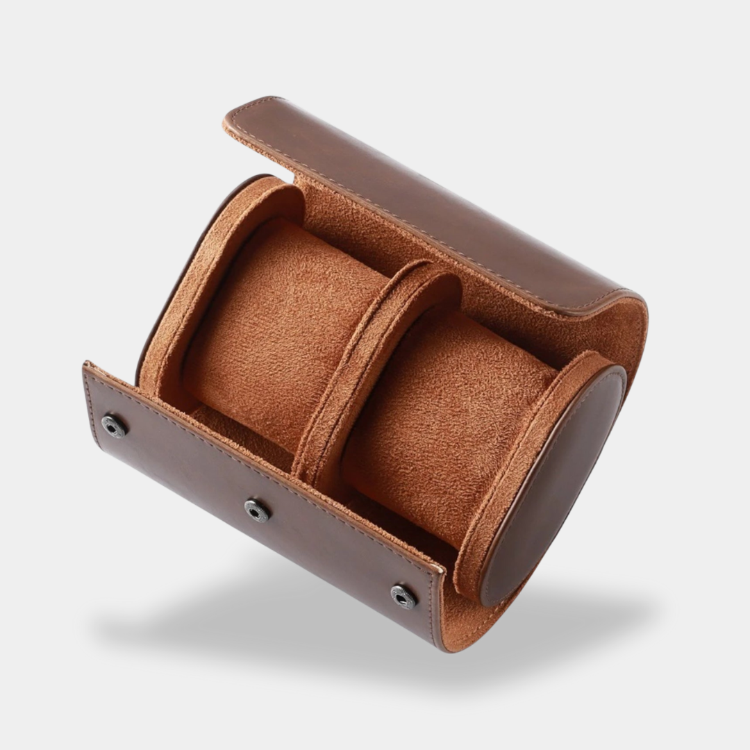 Brown leather dual-compartment watch case with snap closure for two-watch collectors