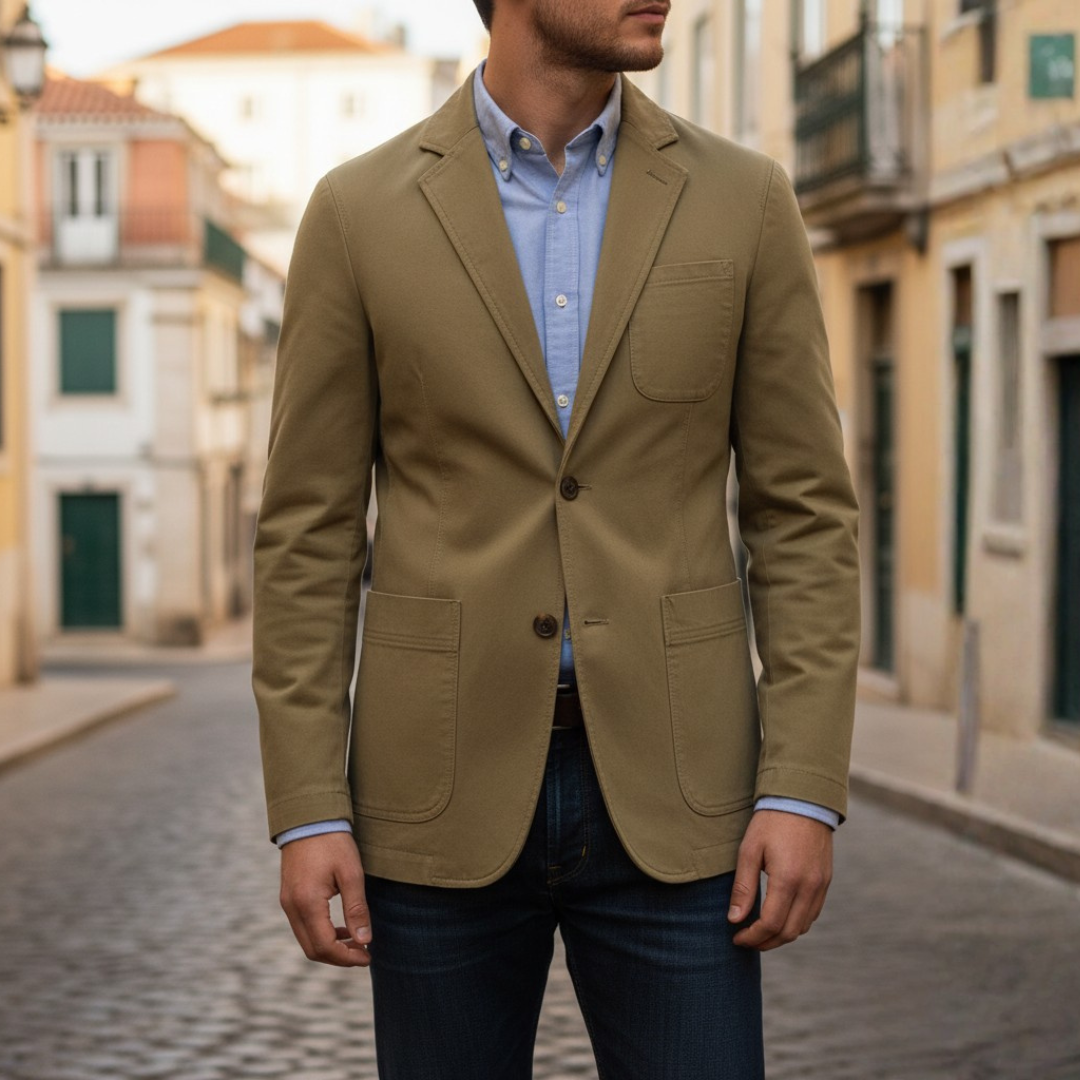 Men's lightweight mixed fabric blazer, regular fit button-front smart casual office jacket