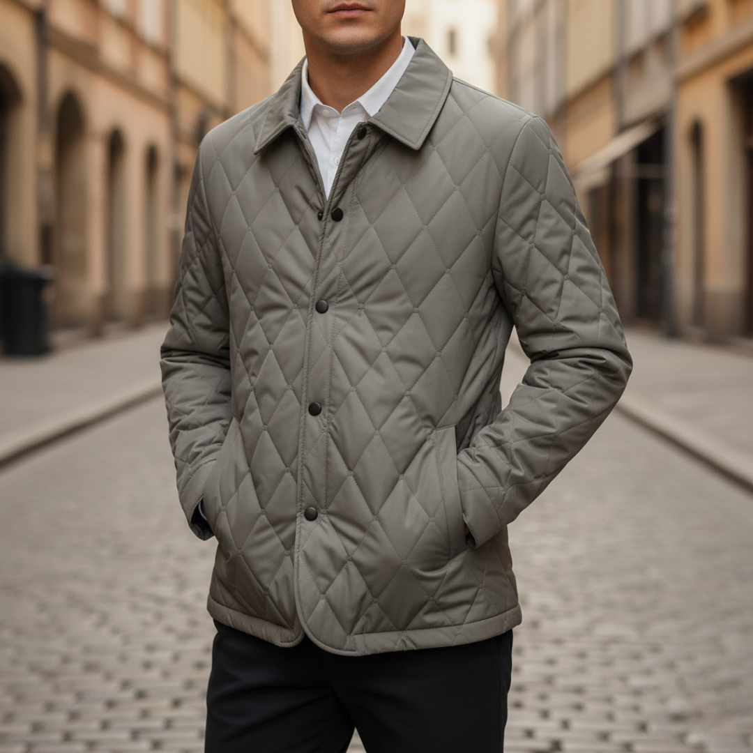 Men's quilted polyester jacket in navy blue with snap buttons, side pockets, casual outdoor fit