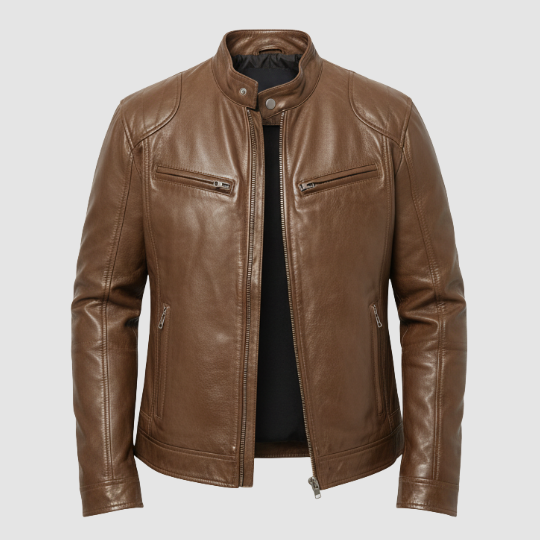 Men's black leather jacket elegant slim fit design with zip closure and multiple pockets