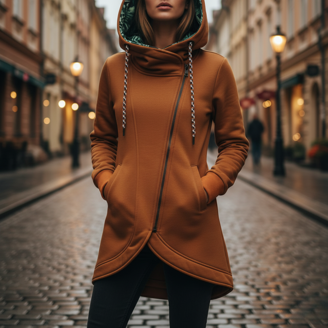 Women's hooded winter jacket in pink front zip closure cozy cold weather everyday warmth