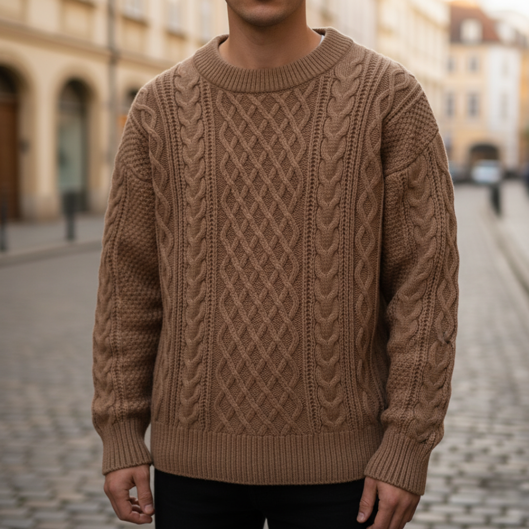 Men's cable knit crew neck sweater soft yarn classic pattern versatile cold weather layering