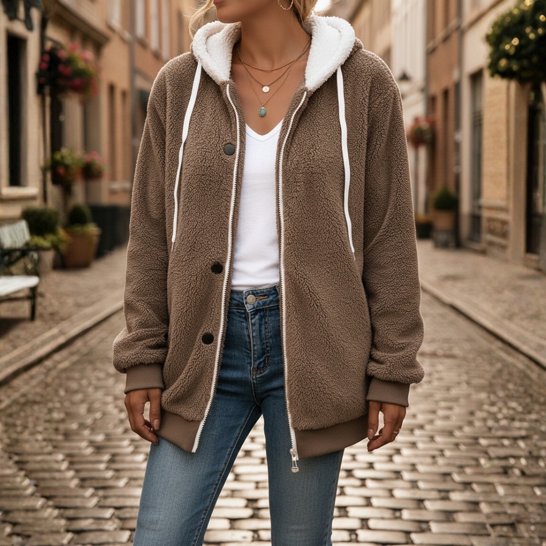 Women's soft hooded jacket in casual fit with full-length central zipper and side pockets