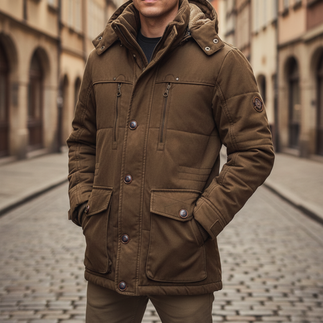 Men's hooded winter jacket in blue fleece-lined zip-up with functional pockets for outdoor use