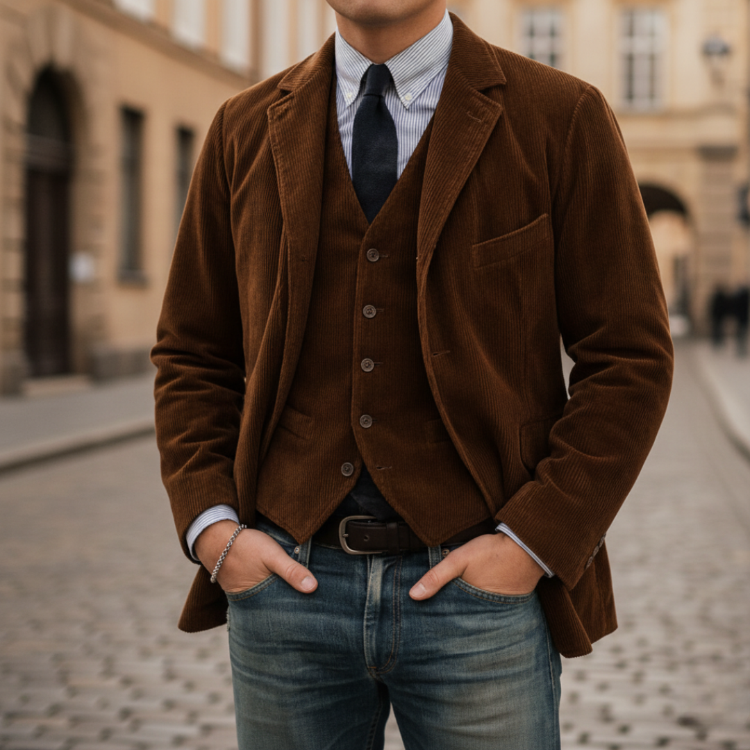 Men's slim fit velvet jacket with matching vest in blue, brown, or green for formal elegance