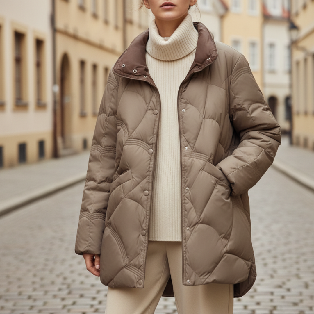 Women's oversized quilted down jacket with geometric pattern, thermal insulation, winter coat