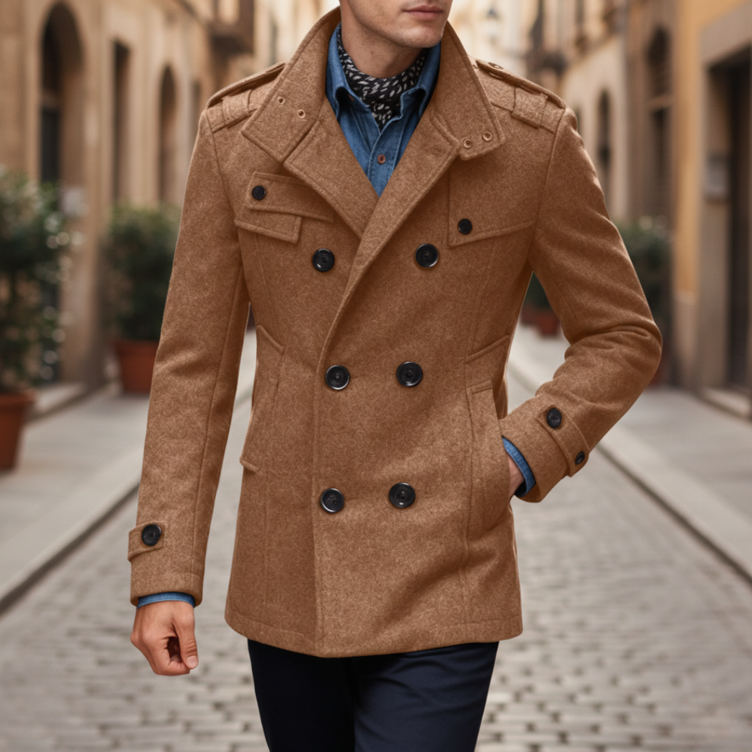 Men's black brown double-breasted polyester coat elegant button-front cold season outerwear