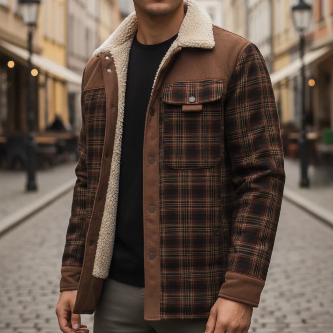Men's brown flannel jacket fleece-lined, durable warm outerwear for autumn and winter casual wear