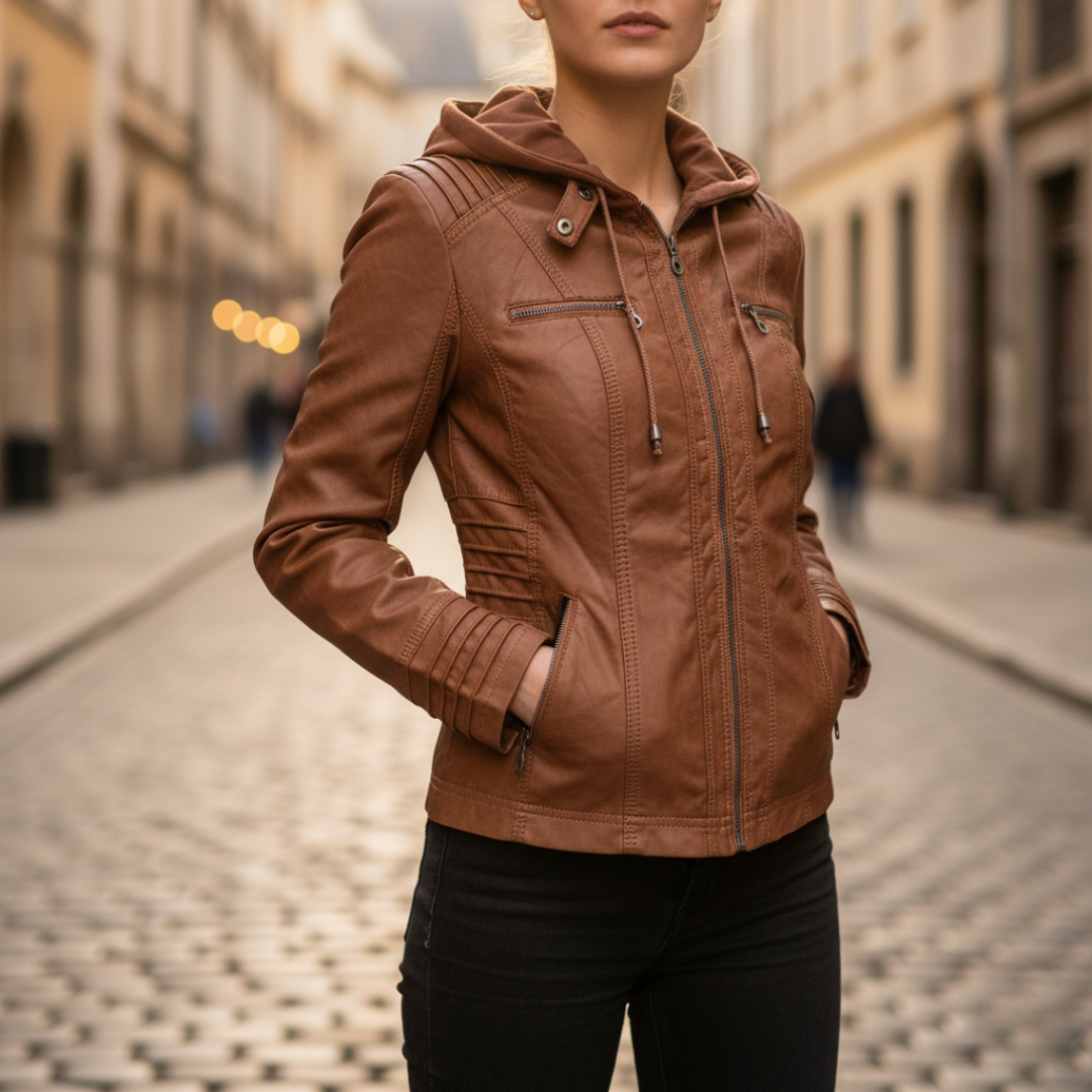 Women's black leather jacket with integrated hood, zip closure, and side pockets for casual street style