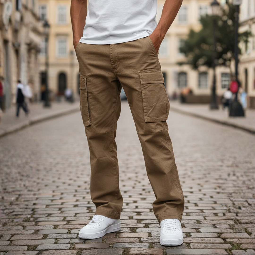 Men's black cargo pants relaxed fit with multiple utility pockets for everyday outdoor wear