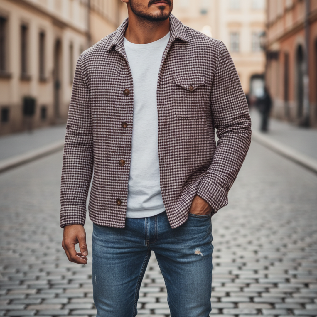 Men's wool houndstooth jacket button closure cozy slim-fit outerwear autumn winter classic pattern