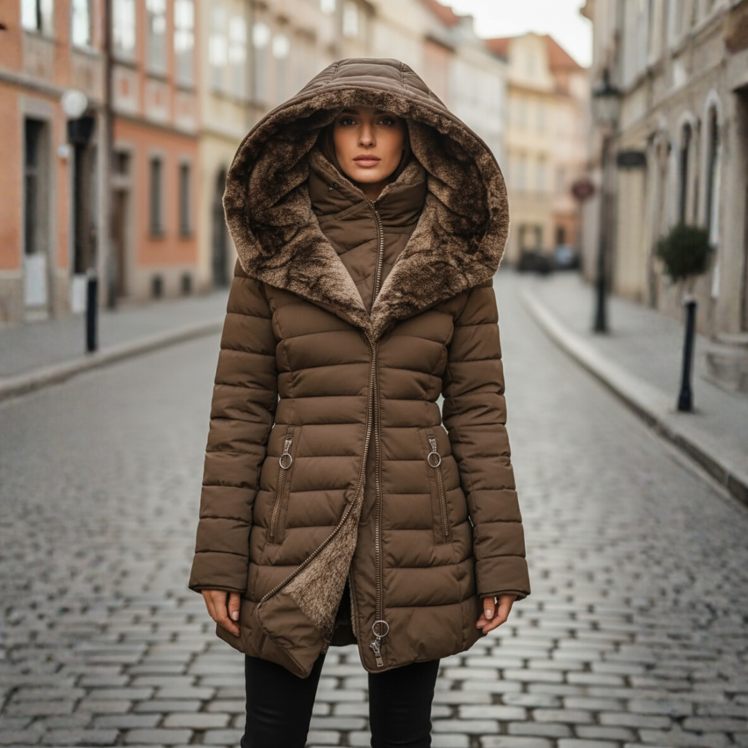 Women's black waterproof long down jacket with fur hood, lightweight winter coat for cold weather