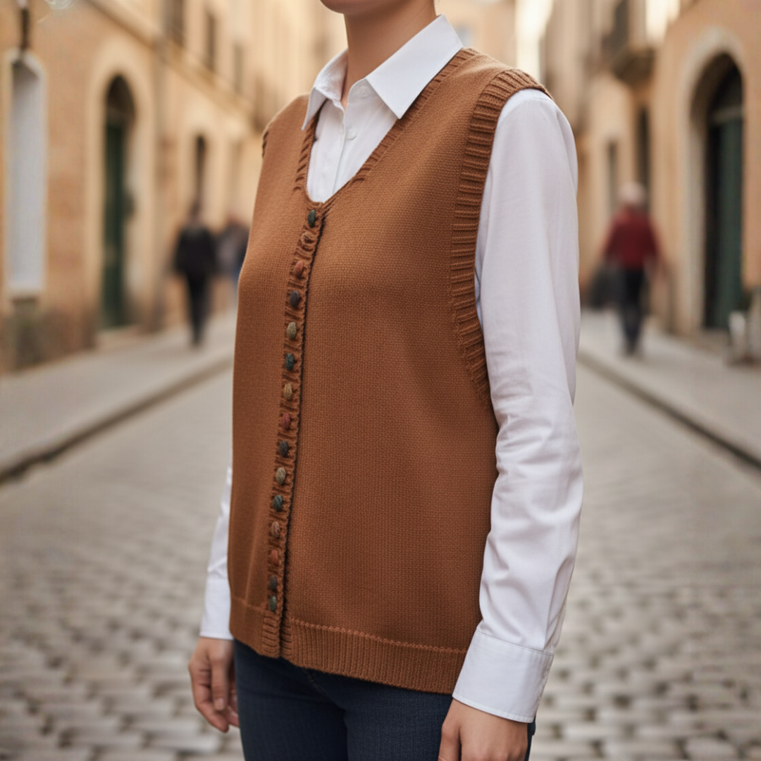 Women's wool acrylic knit vest V-neck short silhouette colorful button side closure layering piece