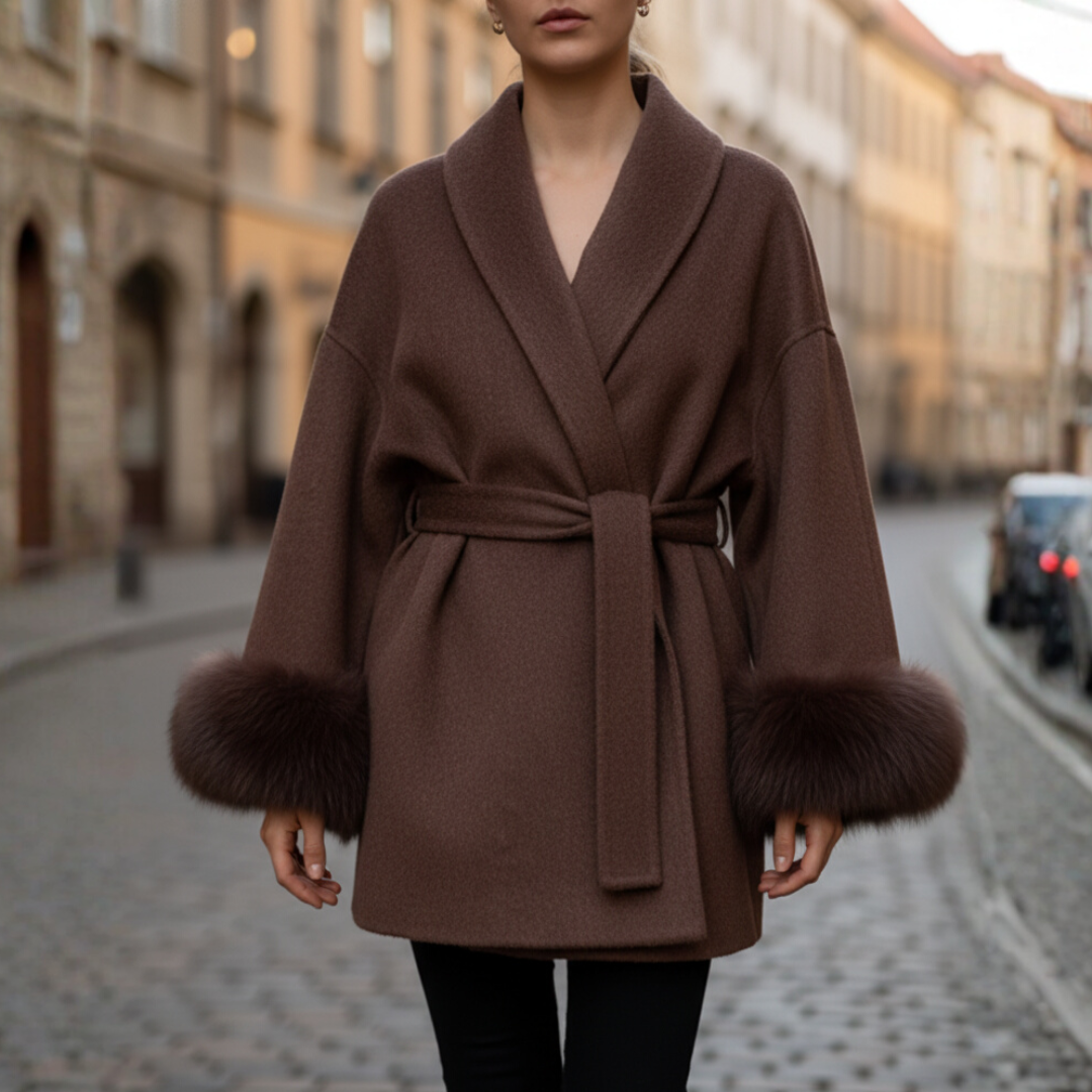 Women's short faux fur belted coat elegant winter style available in multiple colors