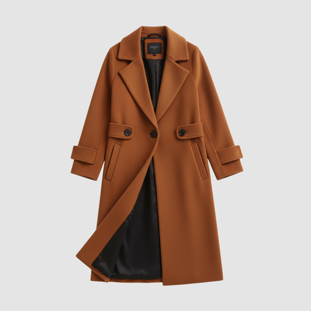 Women's elegant belted coat in beige, orange or red with adjustable waist belt for polished winter style