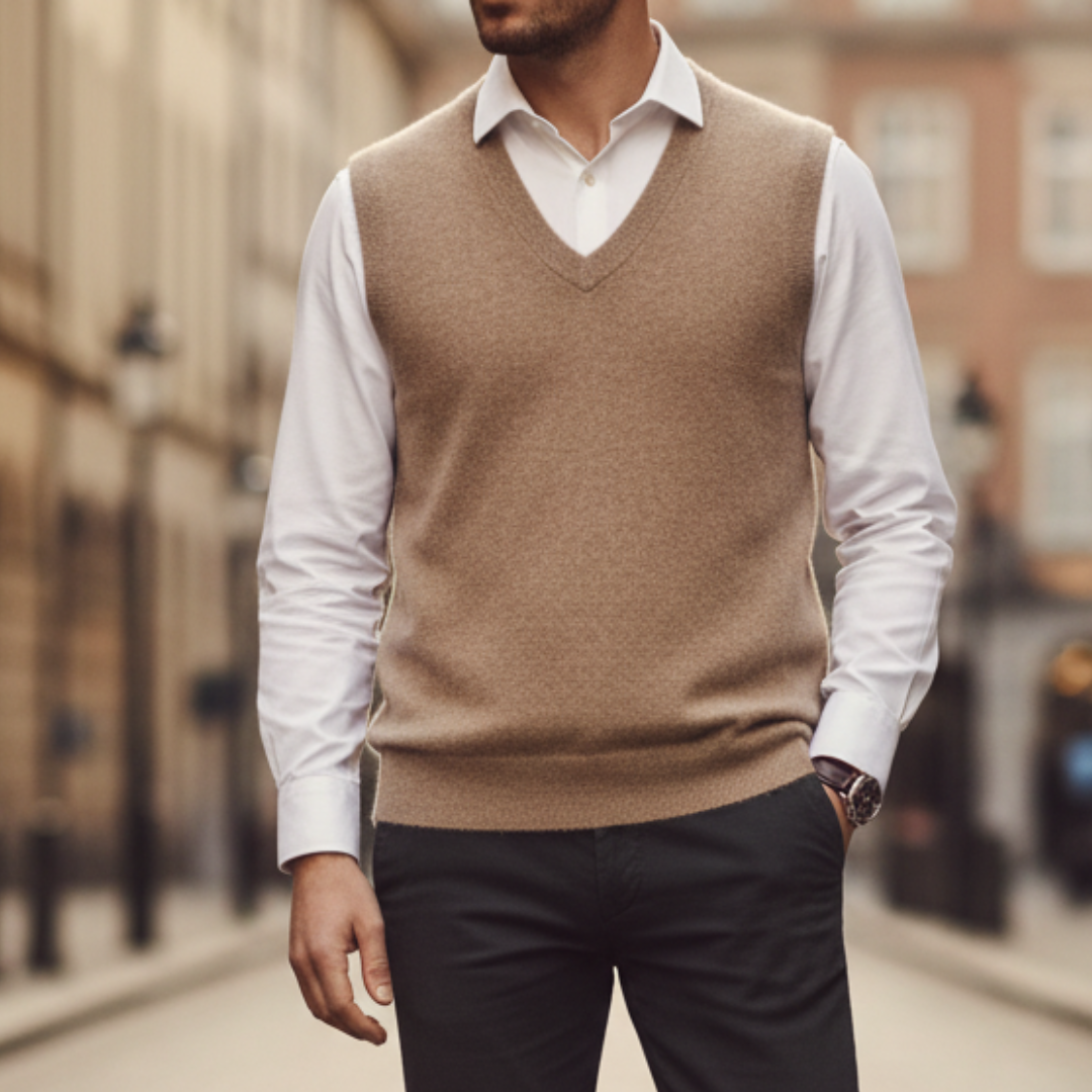 Men's breathable knit V-neck vest in navy blue slim-fit layering essential for casual wear